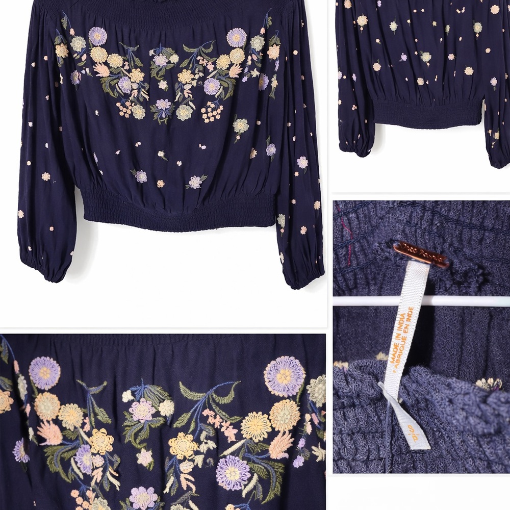 Free People Navy Embroidered Peasant Blouse | Smocked | Boho Floral Top